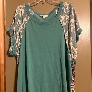 Umgee Teal Top with Floral Sleeves